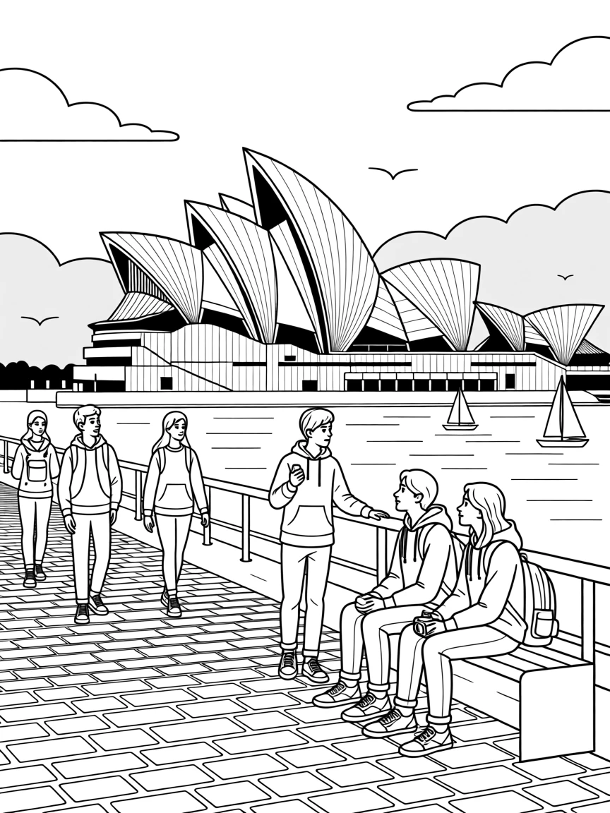 The Sydney Opera House silhouetted against a pink sunset, with cobblestone streets stretching into the distance.