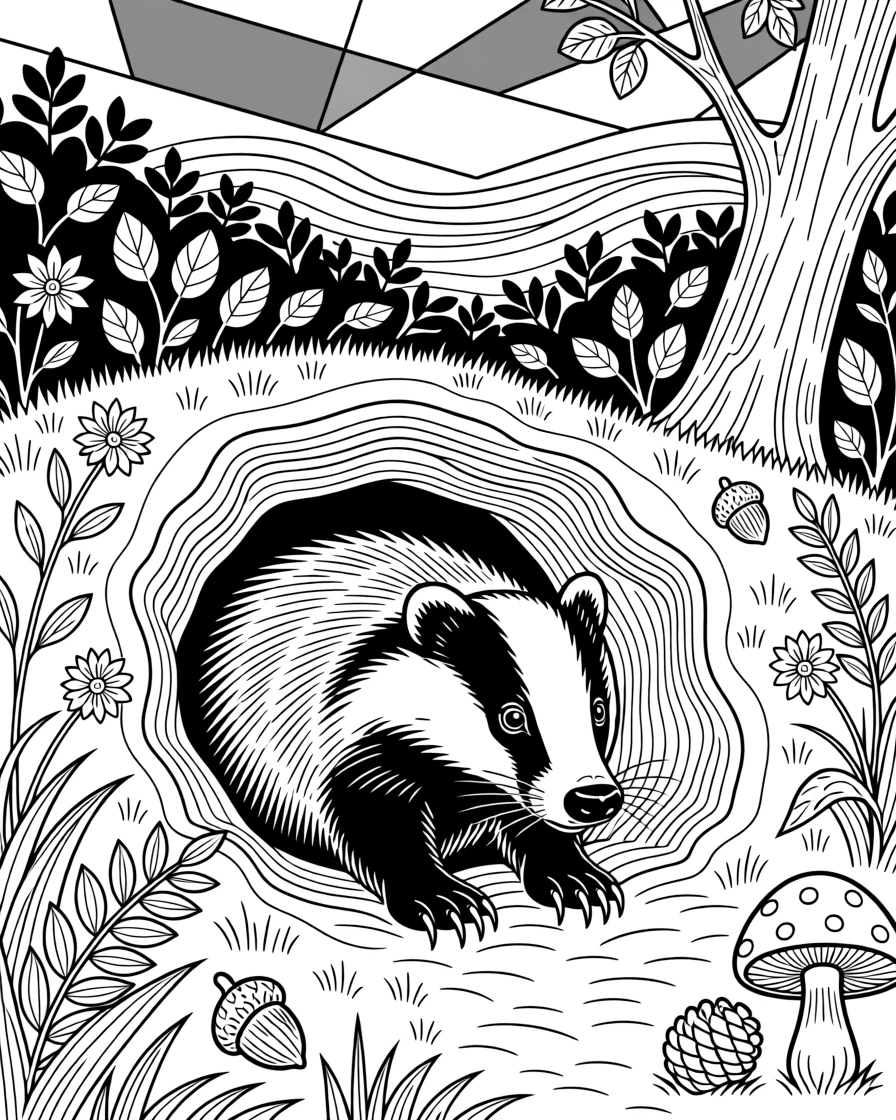 A badger emerging from its burrow at twilight.