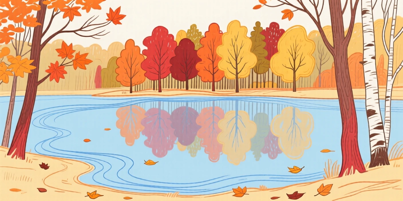 A quiet lake reflecting an autumn forest in full color.