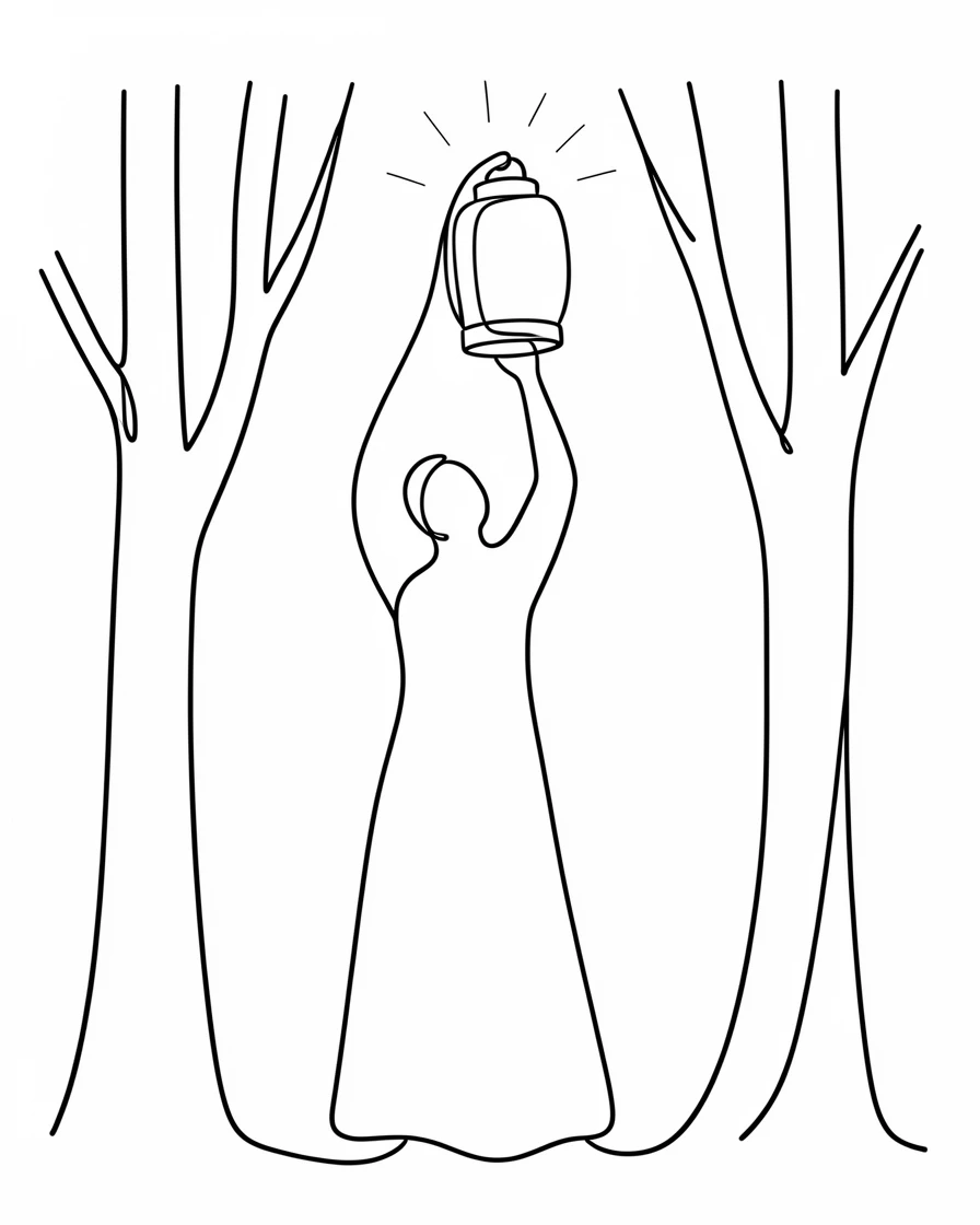 A single glowing lantern held aloft in a dark forest, representing courage