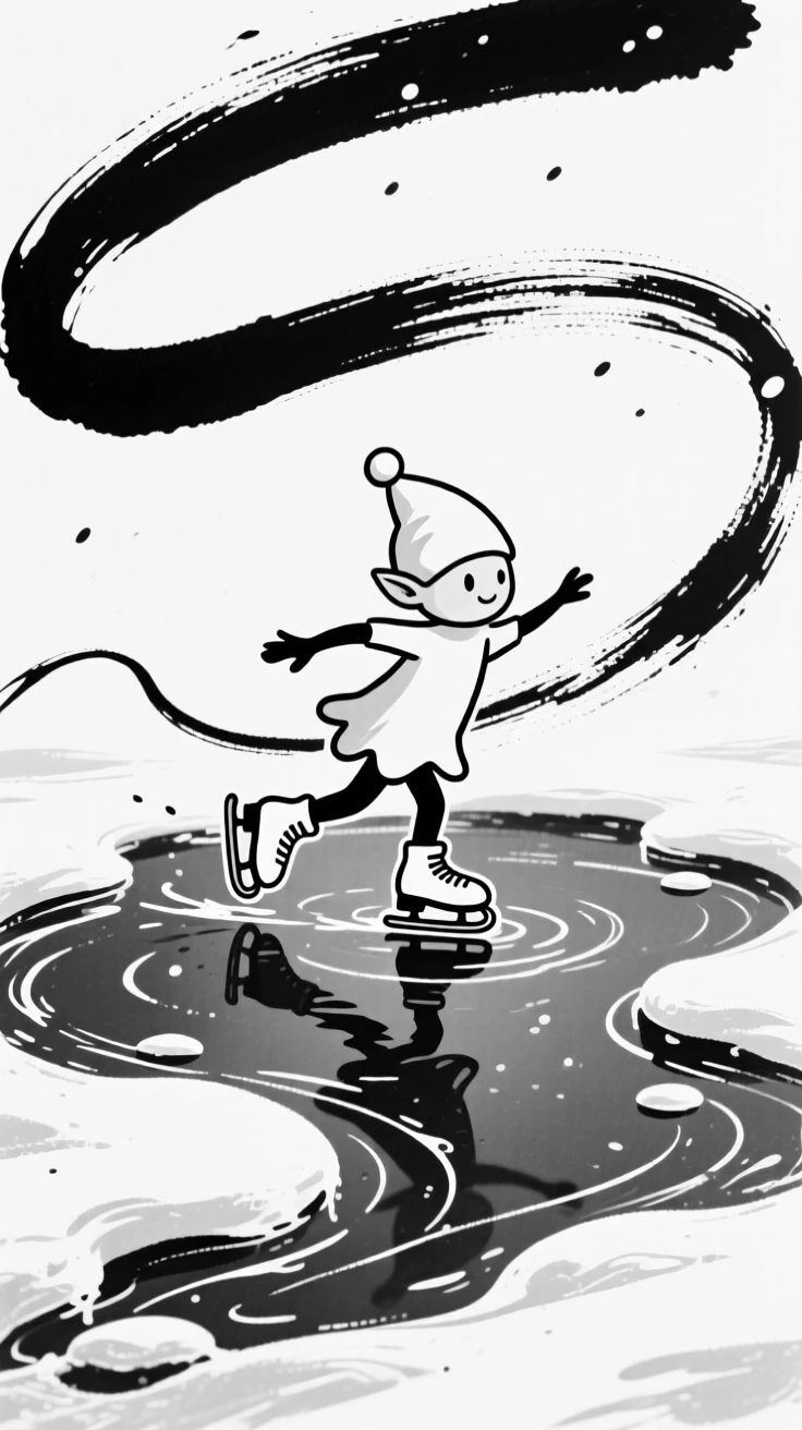 A tiny snow-sprite character skating across a frozen puddle.