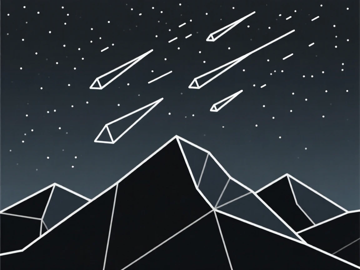 A meteor shower over a dark mountain silhouette