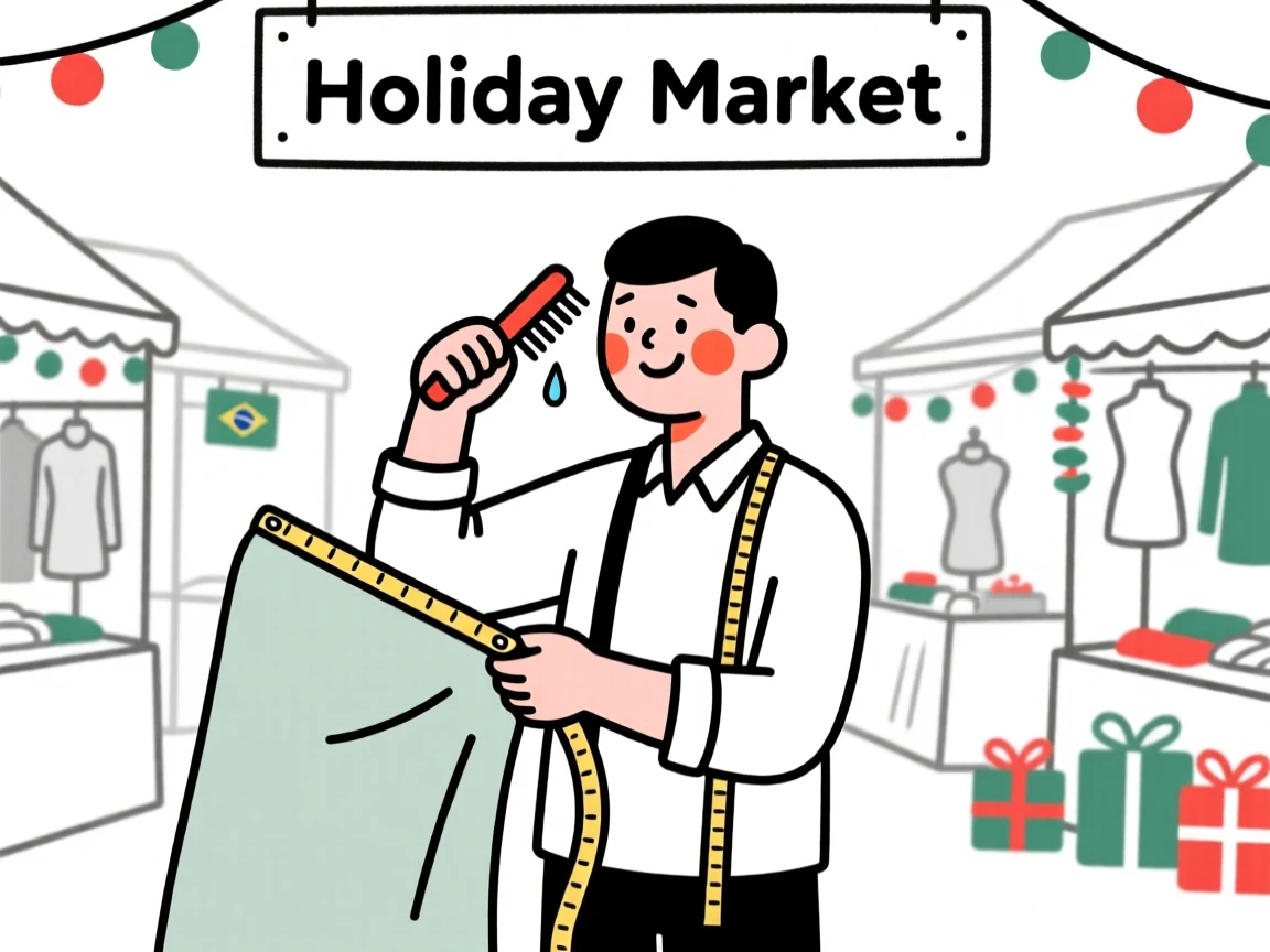 A tailor of brazilian heritage measuring fabric, holding back happy tears, at a bustling holiday market.