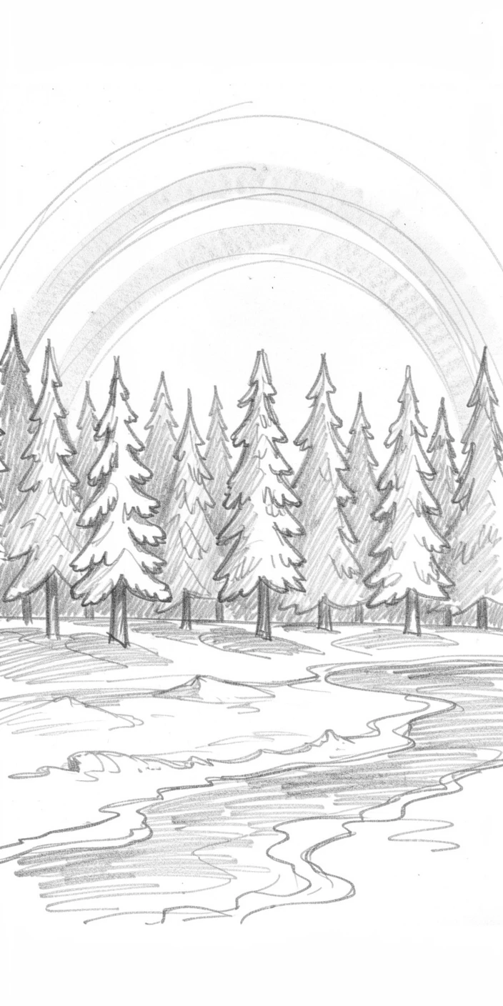 Sweeping landscape of a pine forest after fresh snowfall under a rainbow arching after a storm, with gentle waves lapping at the shore.