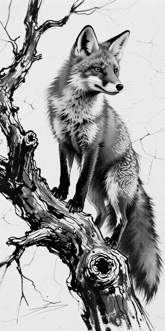 A red fox perched on a weathered tree branch.