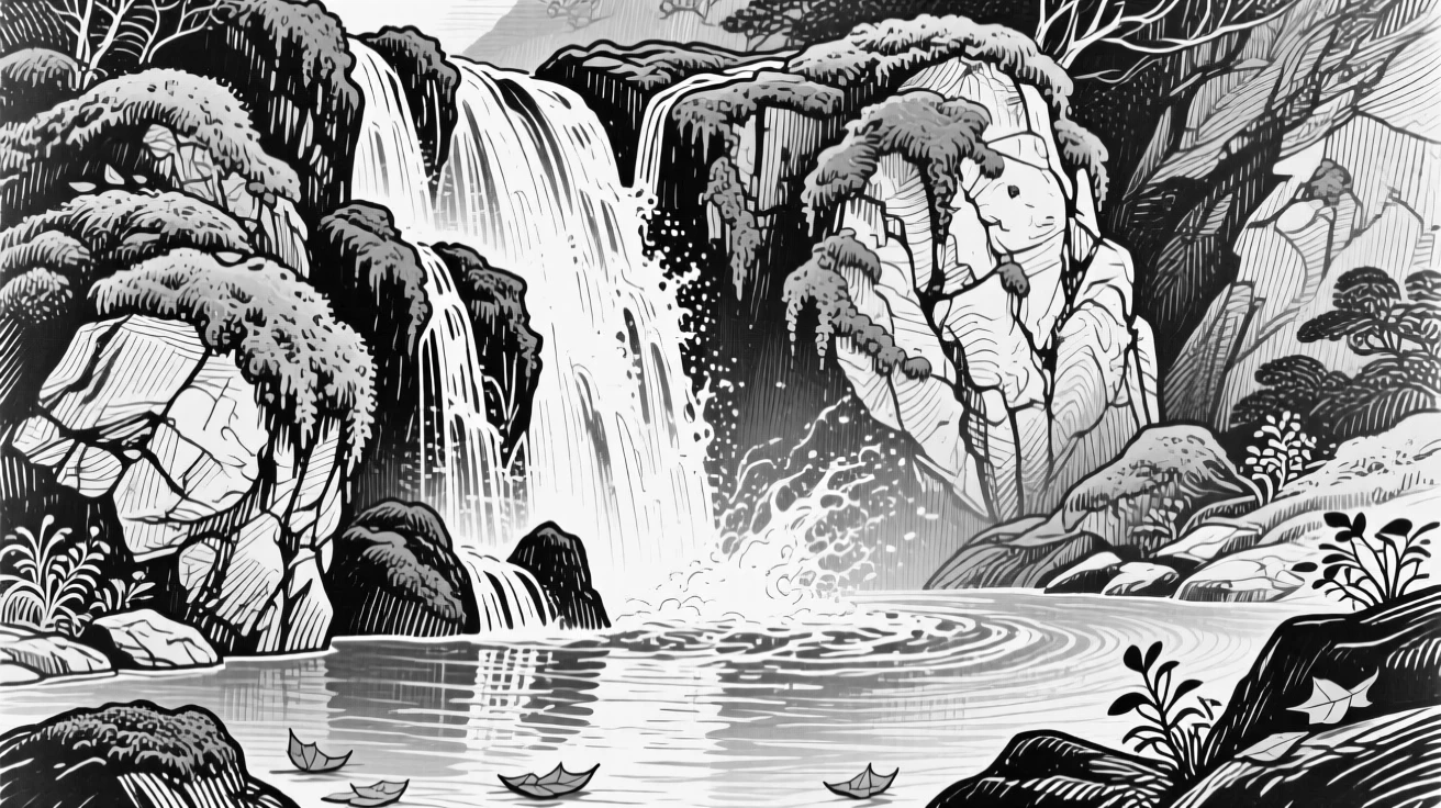 A dramatic waterfall cascading down moss-covered rocks into a clear pool.