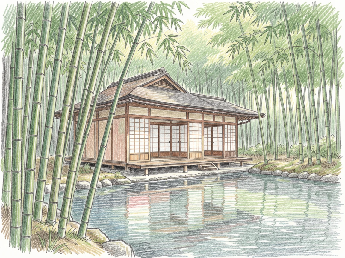A traditional teahouse nestled in a Kyoto bamboo forest, with reflections shimmering on calm water nearby, full of romance and quiet awe.
