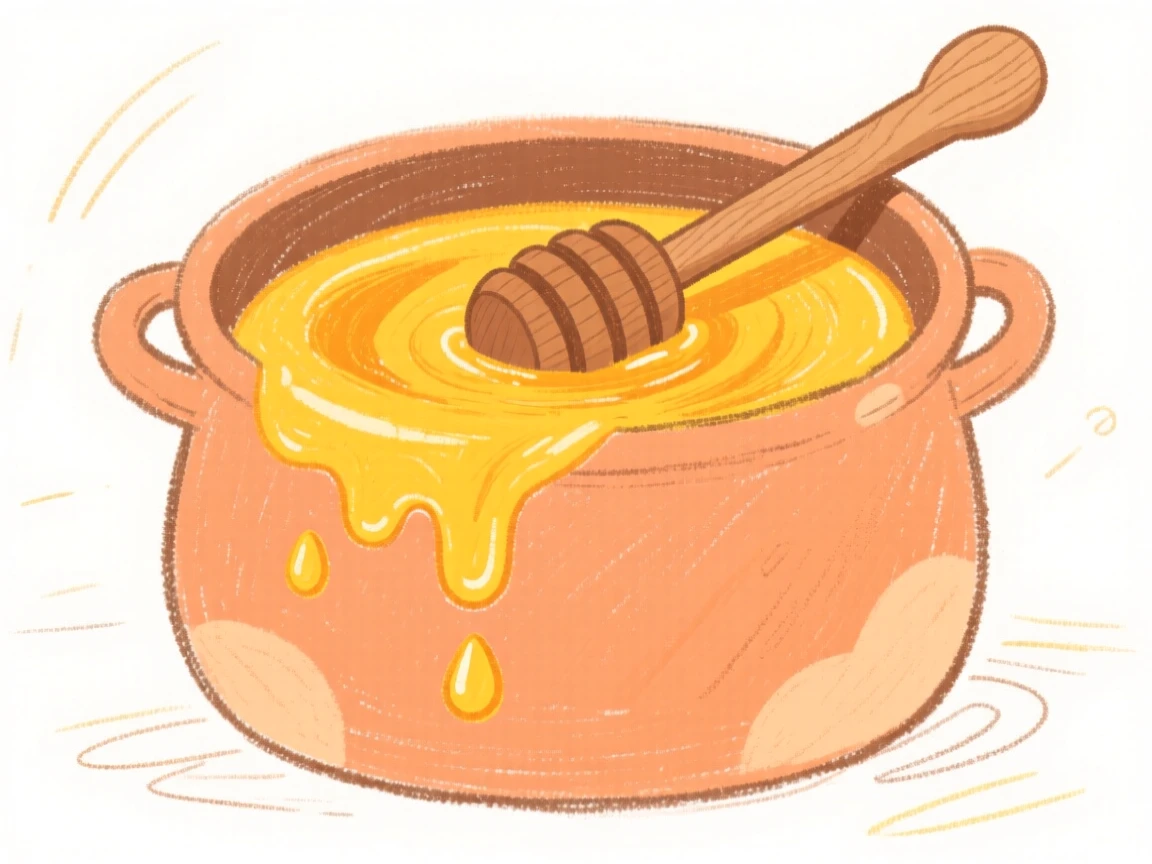 A pot of golden honey dripping from a wooden dipper.