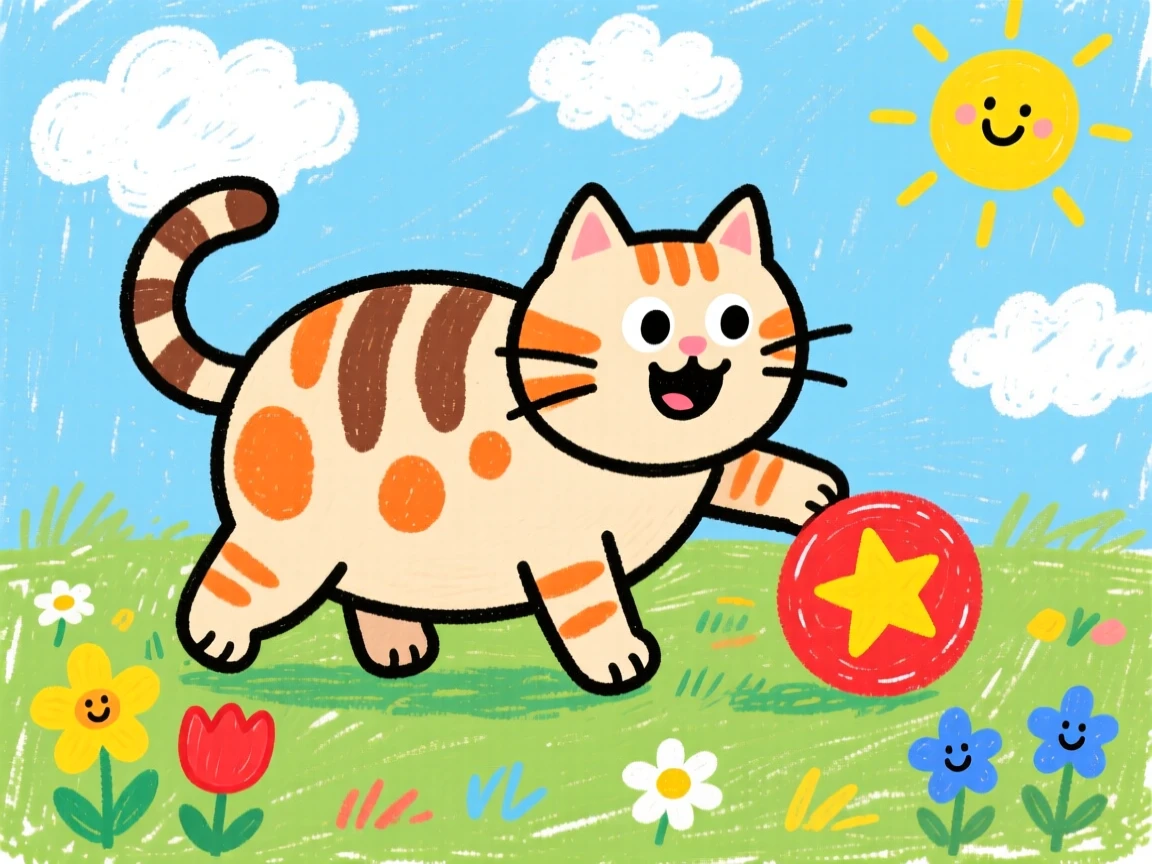 A playful tabby cat fetching a rubber ball across the lawn.