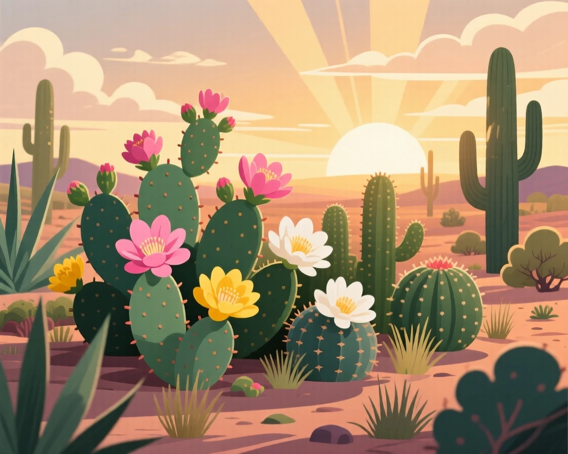 A blooming cactus garden in a warm desert twilight, with soft rays of sunlight breaking through the clouds, composed with soft natural framing from surrounding foliage, with delicate textures visible in every leaf and petal.