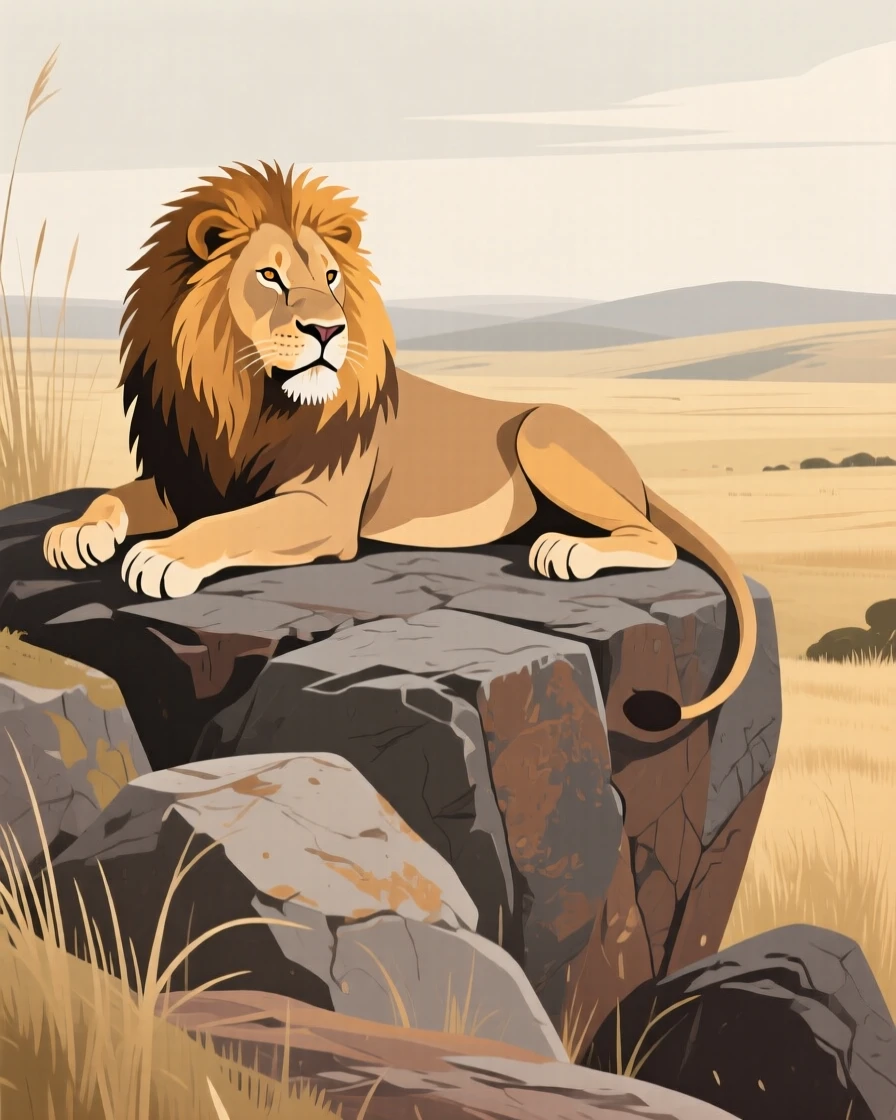 A majestic lion resting on a rocky outcrop overlooking the open plains.