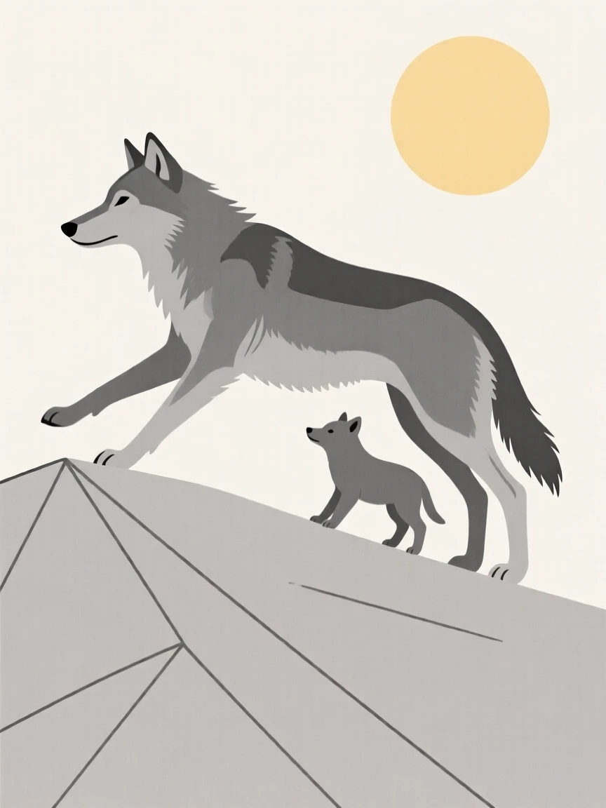 A gray wolf and its young stretching in the sun together in a mountain hillside, expressing wild freedom.