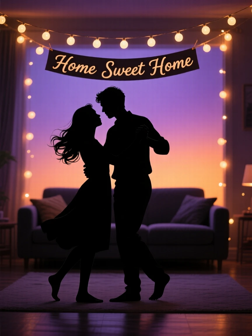 A young couple slow dancing barefoot in their living room, lit only by string lights.