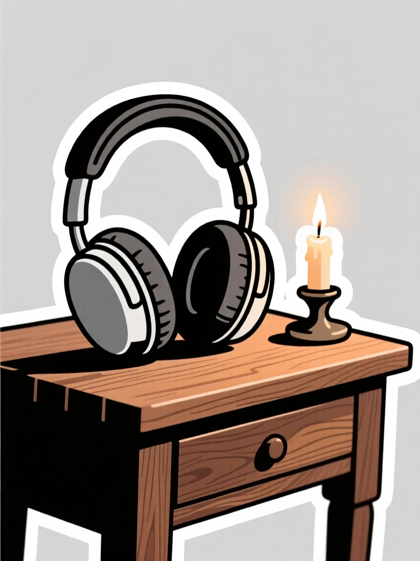 A comforting pair of headphones resting on a desk, placed next to a lit candle, on a vintage wooden desk.
