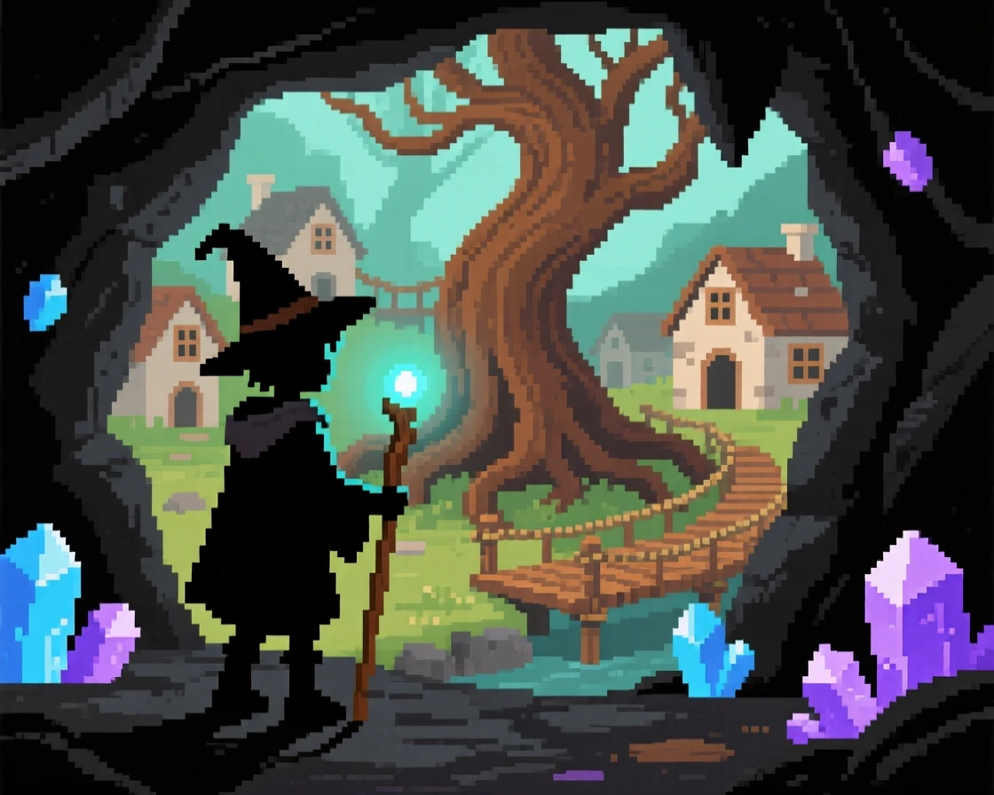 A young wizard apprentice exploring a cave lit with glowing crystals, in a village built into giant tree roots.