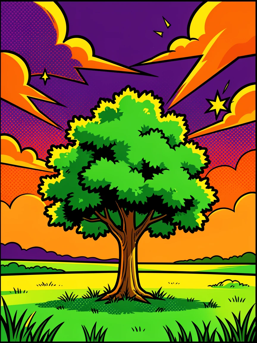 A lone tree standing in a late-day field beneath a dramatic sky