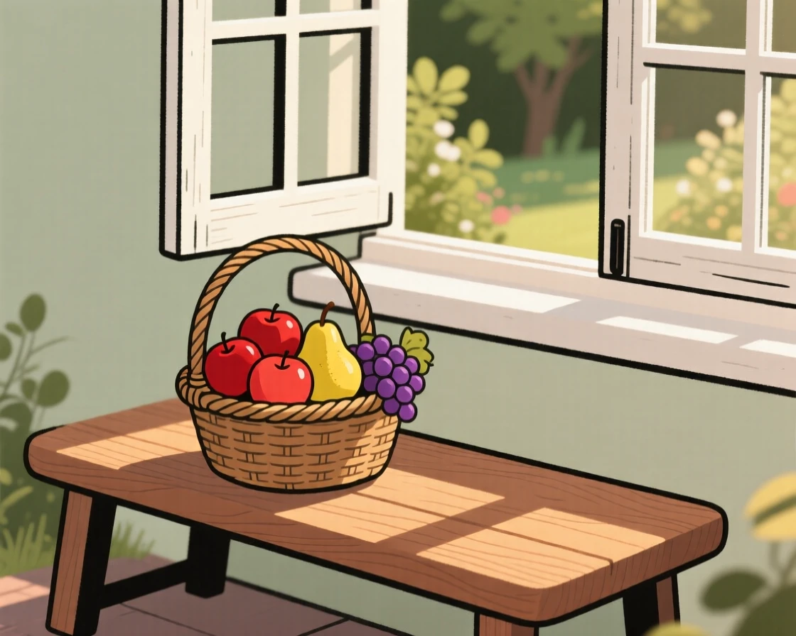 A garden bench holds a simple arrangement of ripe fruit in a woven basket, lit softly by late afternoon light beside a open window.