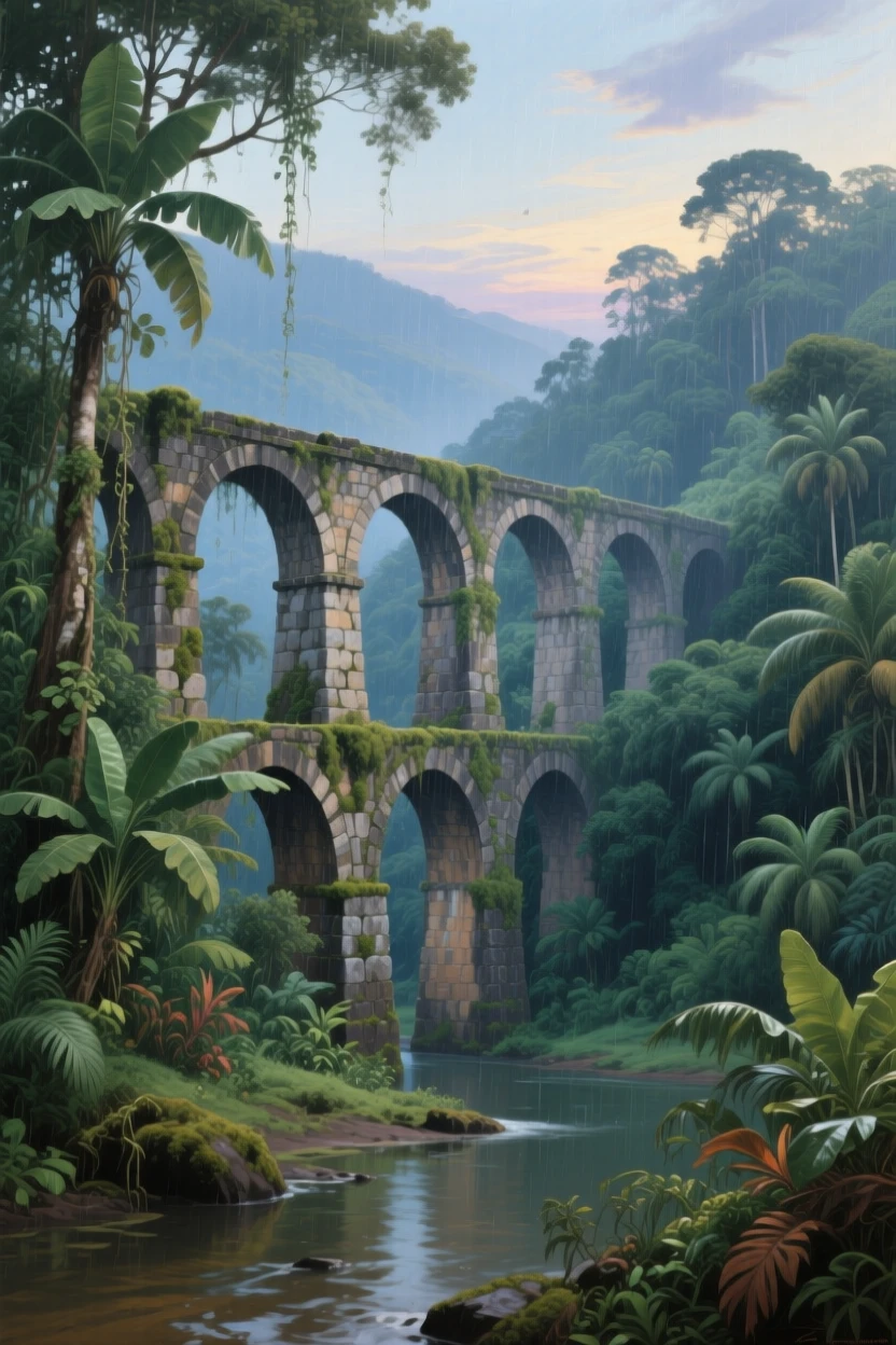 A wide establishing shot of a stone aqueduct stretching across a quiet valley, in the Amazon rainforest, in the mid-20th century, in the pale light of early evening.