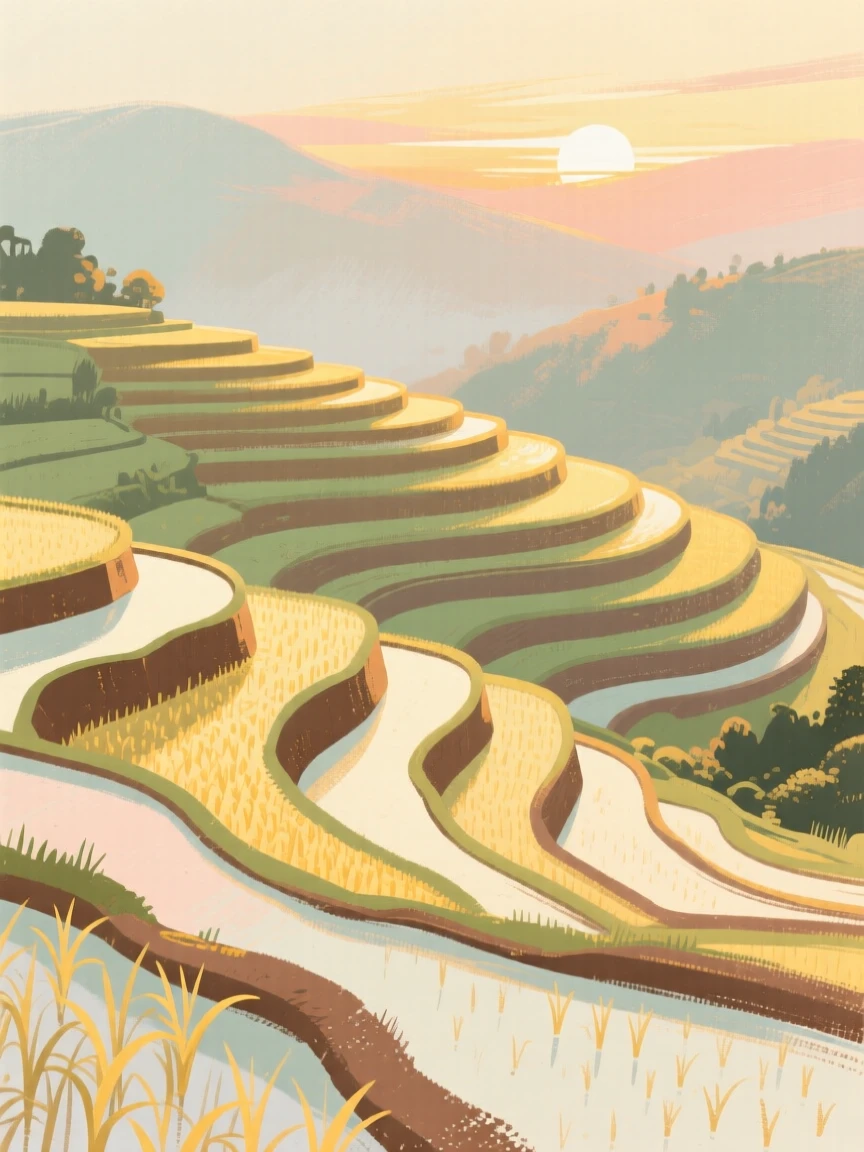 A sweeping view of rice terraces glowing gold at sunset