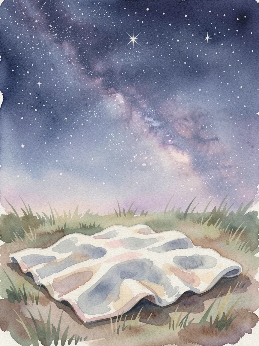 A soft blanket spread beneath a canopy of stars in a moment of quiet reflection.