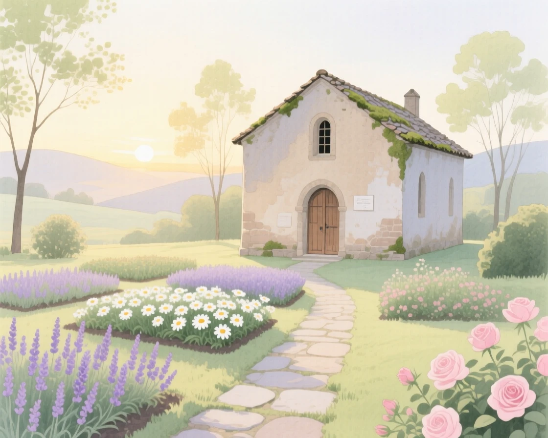 A serene view of a quiet monastery garden, as soft light breaks over the horizon, evoking calm and quiet reflection