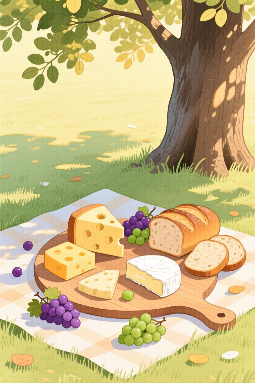A delightful still life of a picnic spread of cheese, bread, and grapes under a tree.