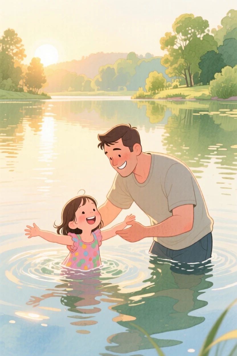 A father teaching his daughter to swim in a calm lake at sunrise, bathed in warm afternoon sunlight, radiating kindness, hope, and heartfelt emotion.