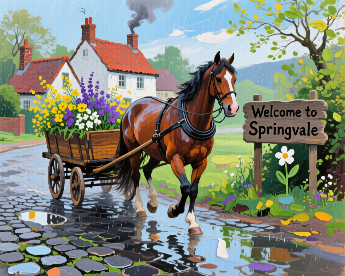 a horse-drawn cart approaching a village, after a light spring rain, with a clear foreground, subject, and distant setting.
