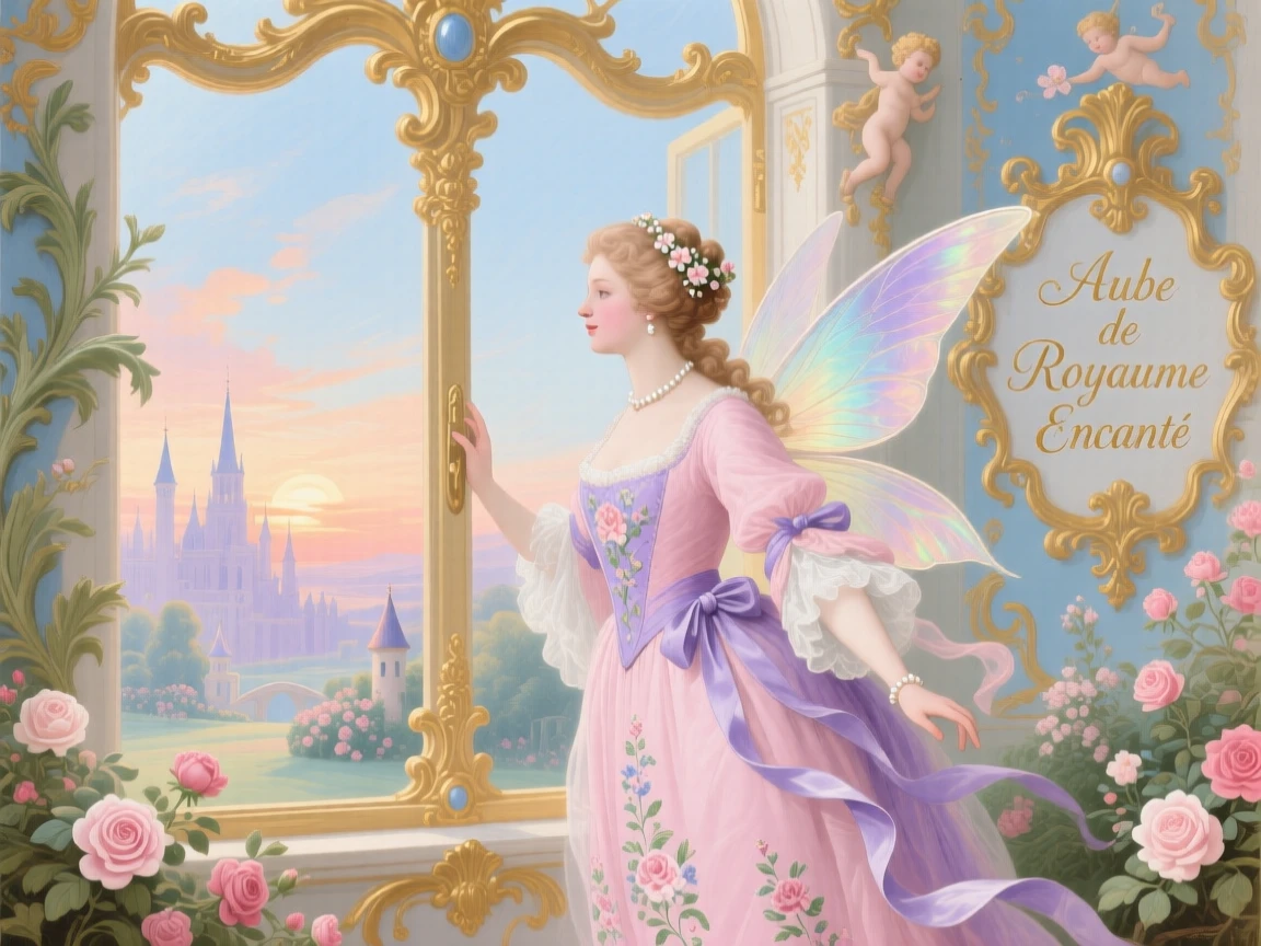 A fairy queen opening a window to reveal a sunrise over a magical kingdom  
