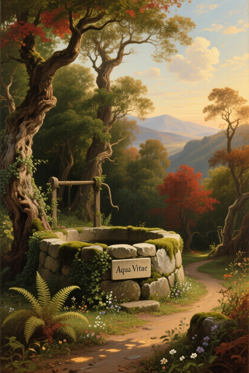 An old stone well stands hidden among the trees of a forgotten grove.