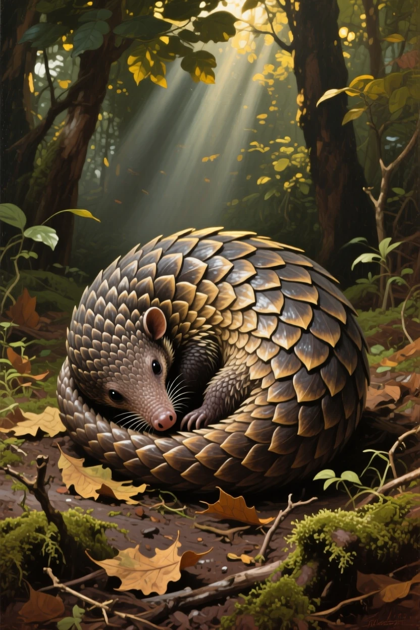 A pangolin curled protectively into a ball on a forest floor, with dramatic natural light catching every detail of its fur or feathers, highlighting the quiet majesty found in the natural world