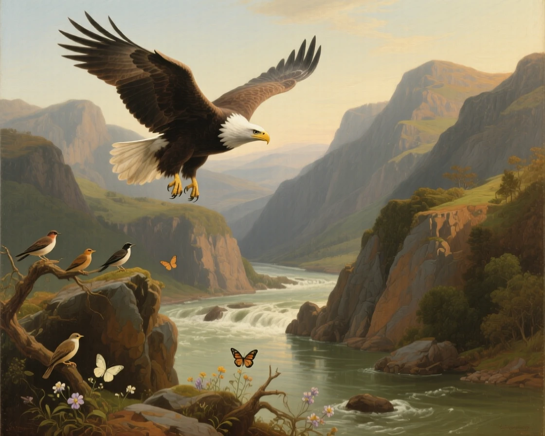 An eagle soaring high above a dramatic mountain gorge at the peaceful, unguarded heart of the natural world, set beside a rushing river cutting through ancient hills, with small birds or butterflies adding quiet movement to the scene; the composition balances raw power with graceful, natural stillness, capturing a quiet, breathtaking moment of wild grace.