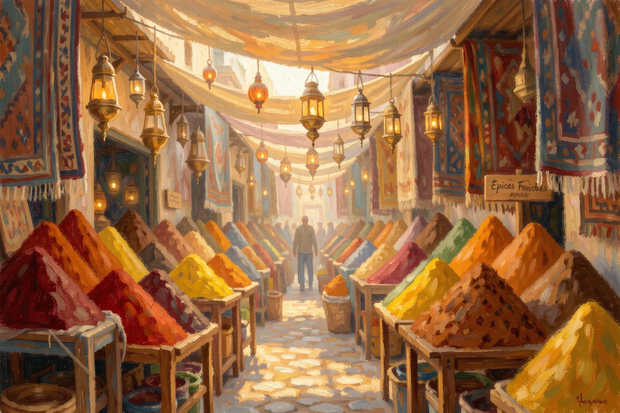A bustling Moroccan souk filled with stacks of colorful spices, woven rugs, and hanging brass lanterns.