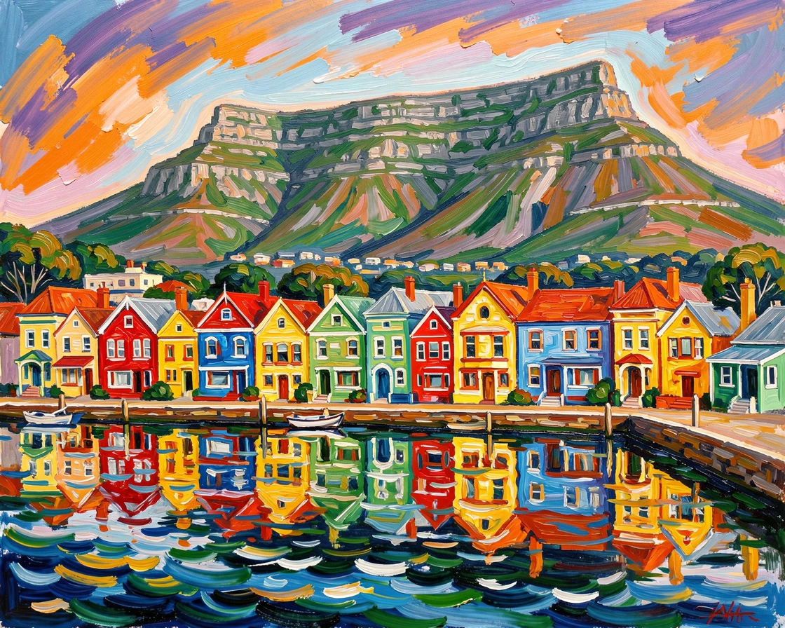 A colorful row of houses along the waterfront in Cape Town beneath Table Mountain.