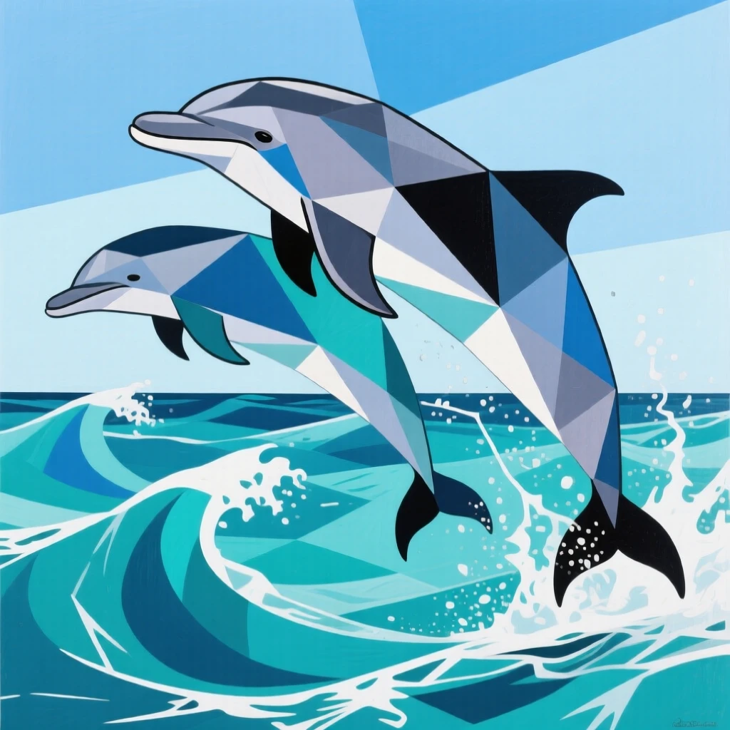 A pod of dolphins leaping through turquoise ocean waves under a clear sky.