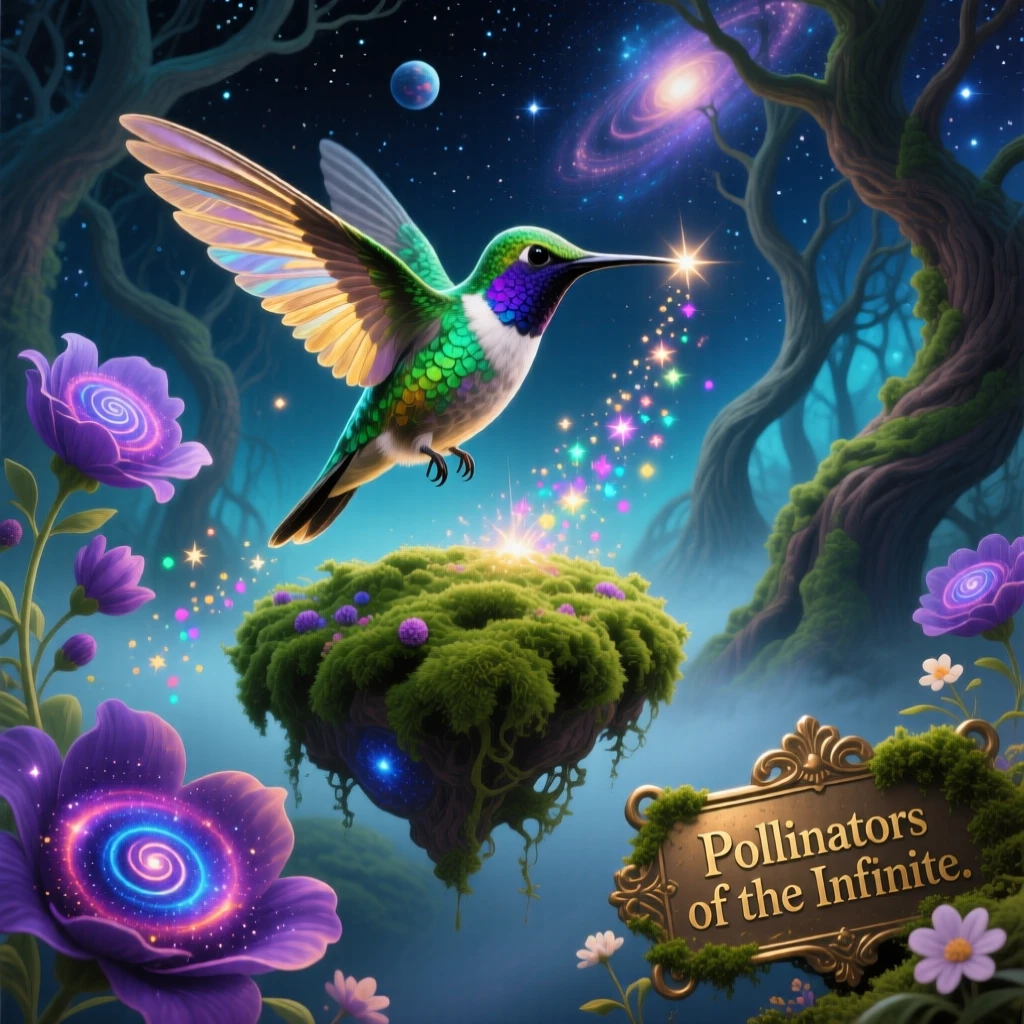 A hummingbird pollinating flowers that bloom into tiny galaxies rests quietly atop a floating patch of green moss, while tiny sparks of light trail behind its every step.