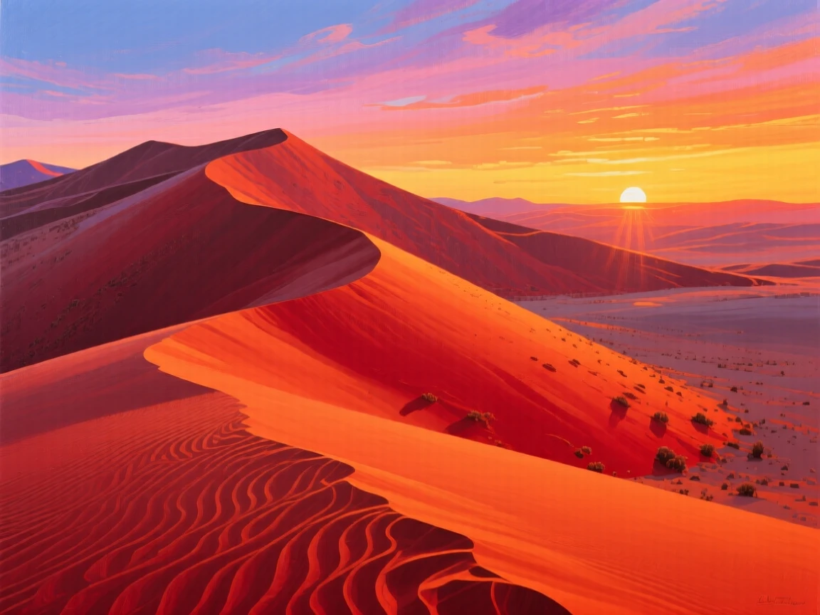 A stunning sunset over the Namib Desert glows across towering red sand dunes in deep orange, long shadows stretching across the rippled surface, the changing light gradually shifting the mood of the landscape from moment to moment.