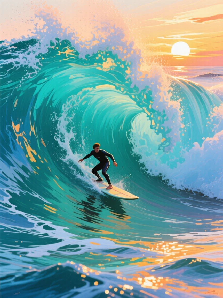 A surfer riding inside the curl of a massive turquoise wave at sunrise