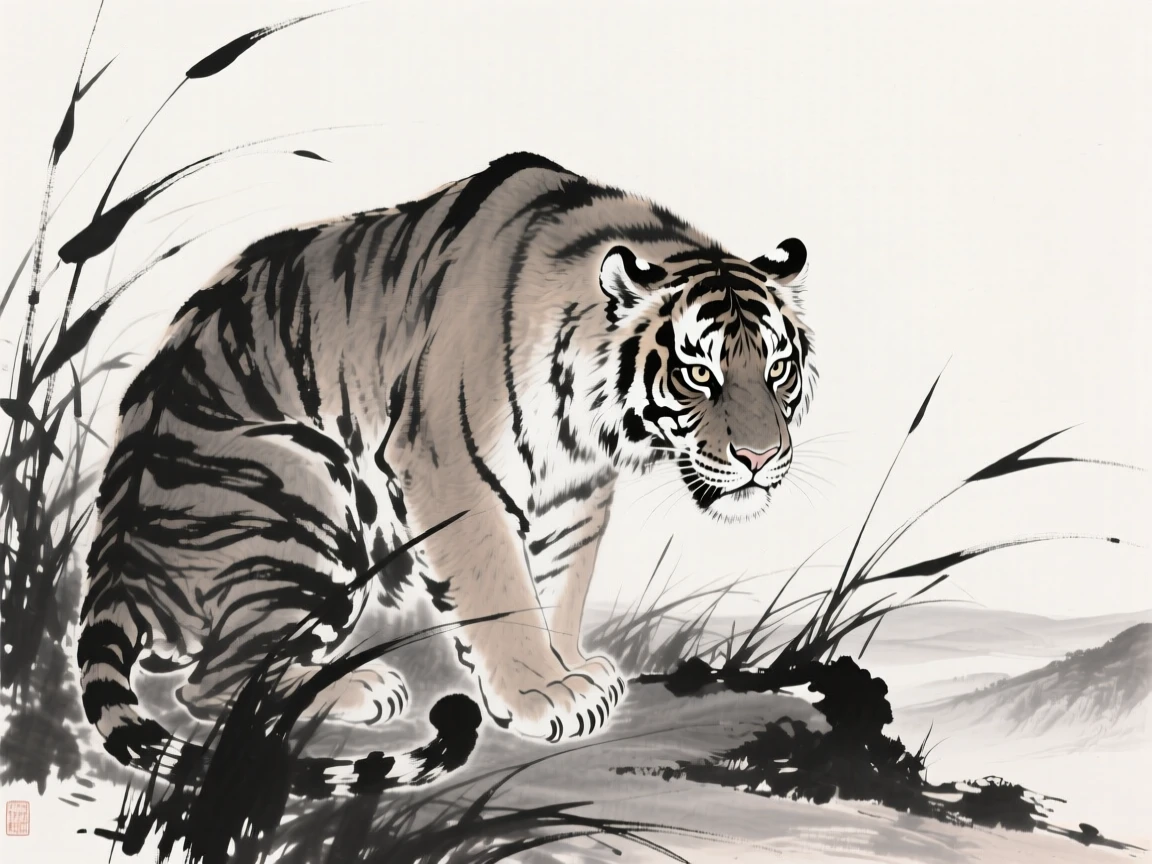 A tiger crouches low in tall grass, watching the valley below, with its muscles tensed and eyes fixed ahead.