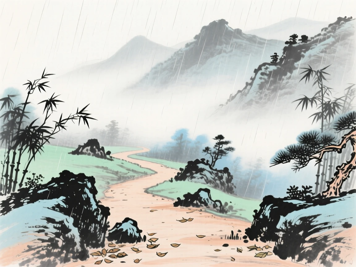 An empty mountain path disappearing into drifting fog, through a curtain of fine rain.