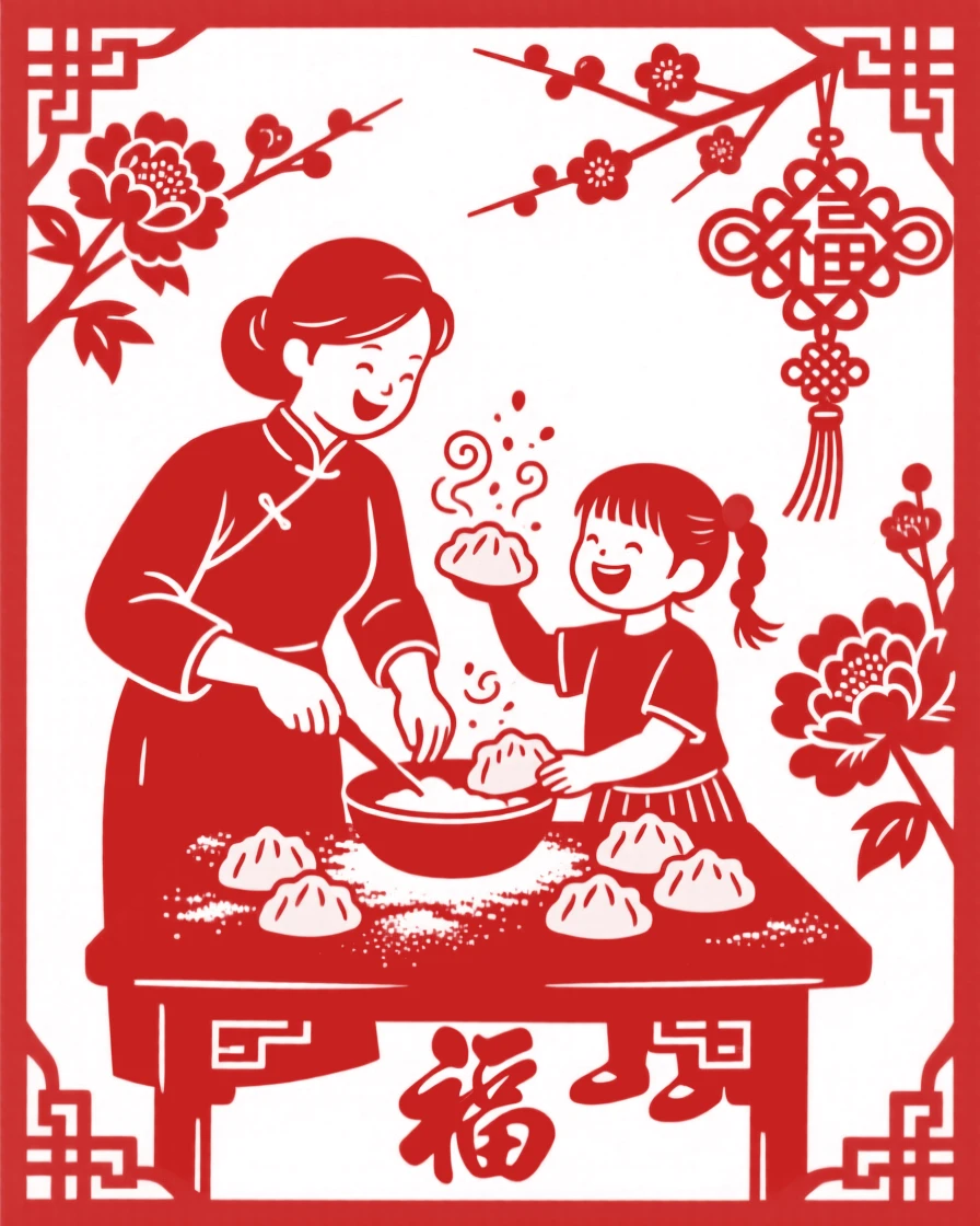 A mother and daughter cooking dumplings together at a flour-dusted table, laughing at a small mishap