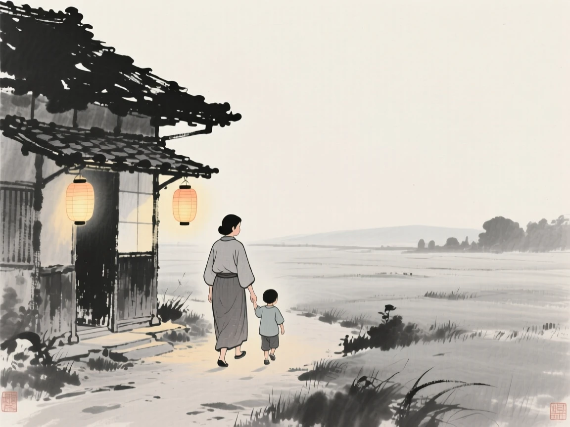 A mother and child walking home along a lantern-lit path beneath the eaves of an old farmhouse, framed small within a vast, quiet landscape, capturing an everyday moment full of gentle humanity.