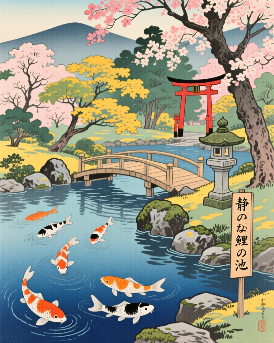 A quiet koi pond, with sunlight filtering through the canopy.