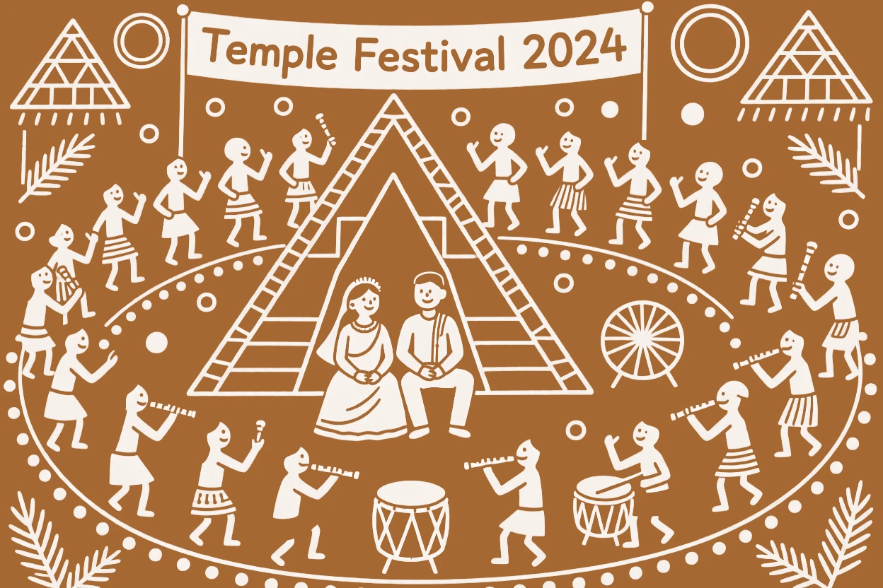 A temple procession celebrated with a bride and groom seated at the center of the gathering.