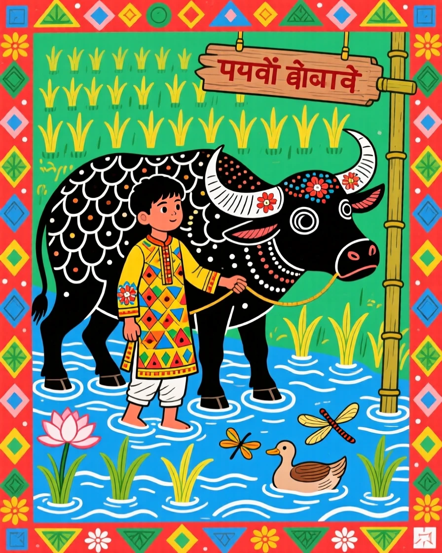 A young boy guiding a water buffalo through a flooded rice field.