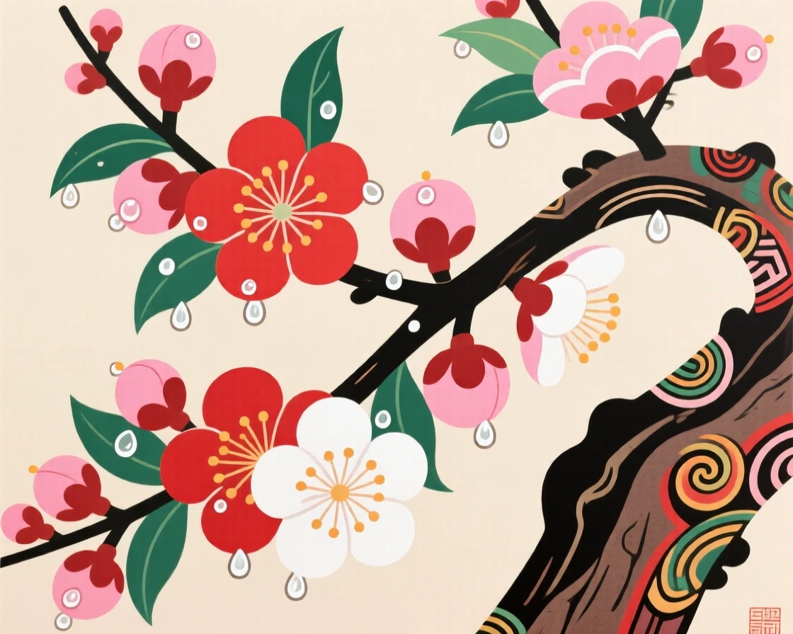 A close view of a branch of plum blossoms with dew still clinging to the petals.