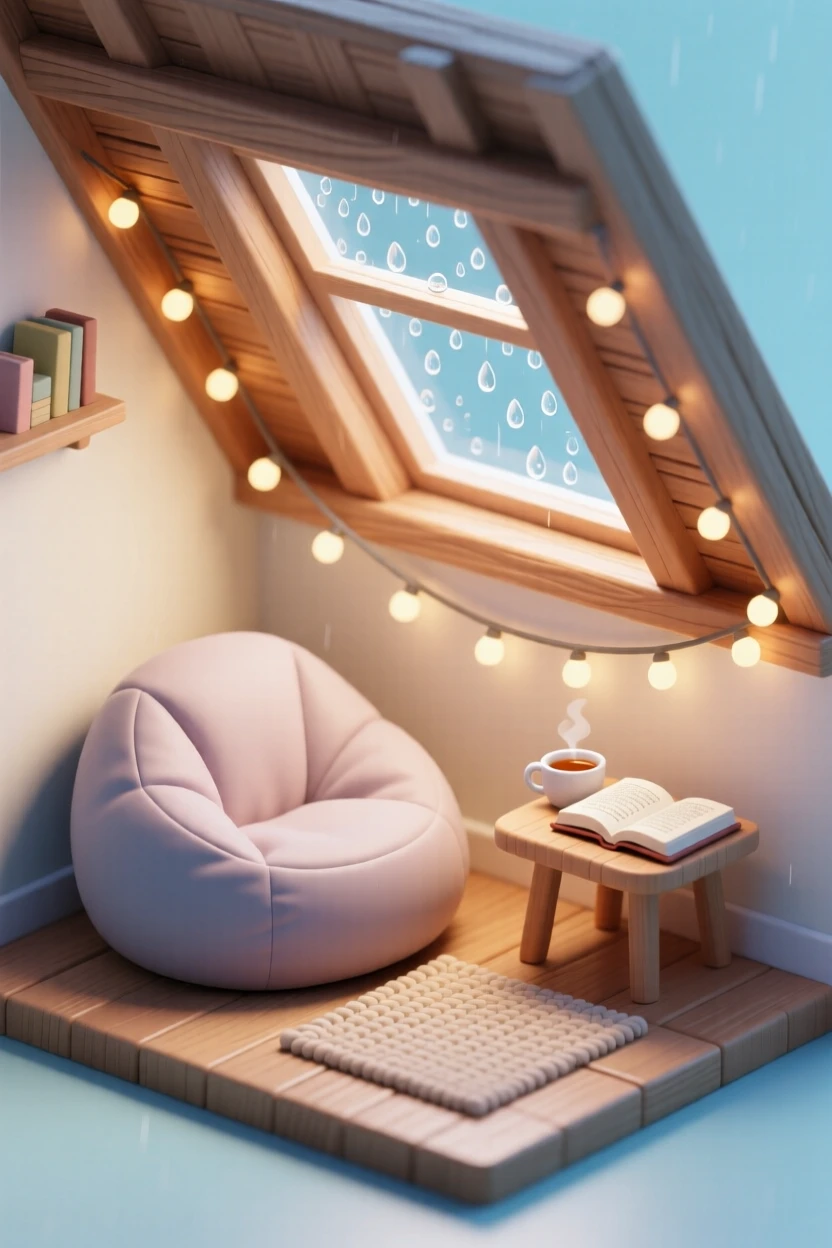 A cozy attic reading room with slanted ceilings, fairy lights strung along the beams, a beanbag chair, and rain gently tapping the skylight above.
