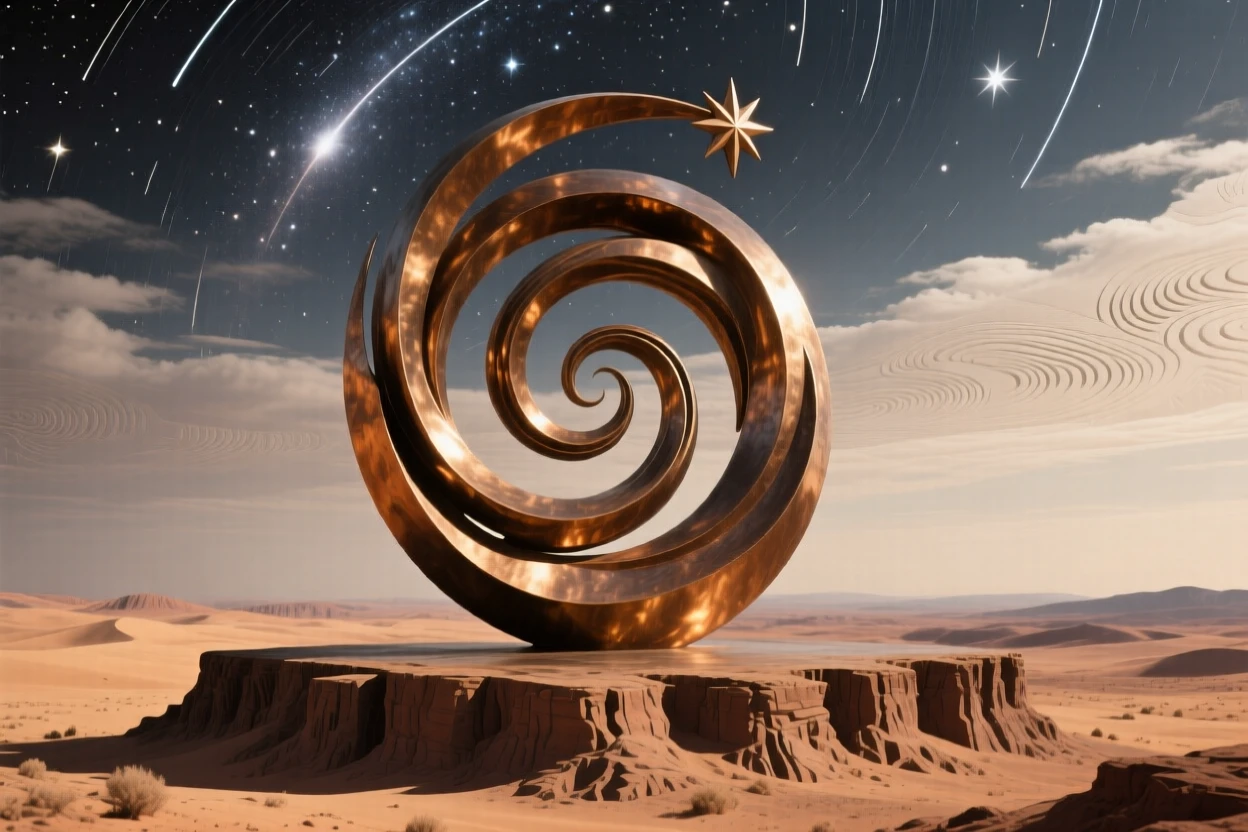 A vast star trail spiraling above a silent desert plateau, under a vast and dramatic sky, offering a breathtaking sense of place