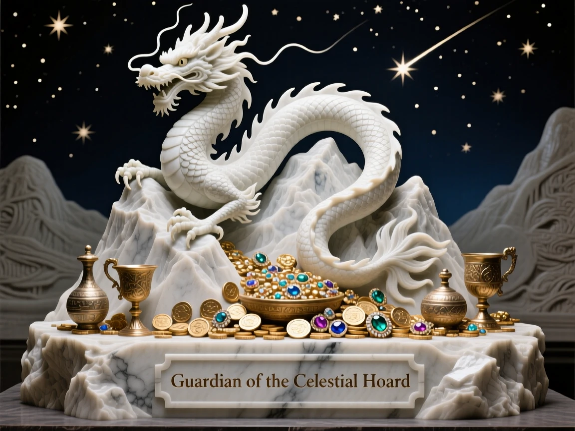 An epic scene of a majestic dragon coiled atop a mountain of treasure, under a sky filled with shooting stars, evoking myth and grandeur