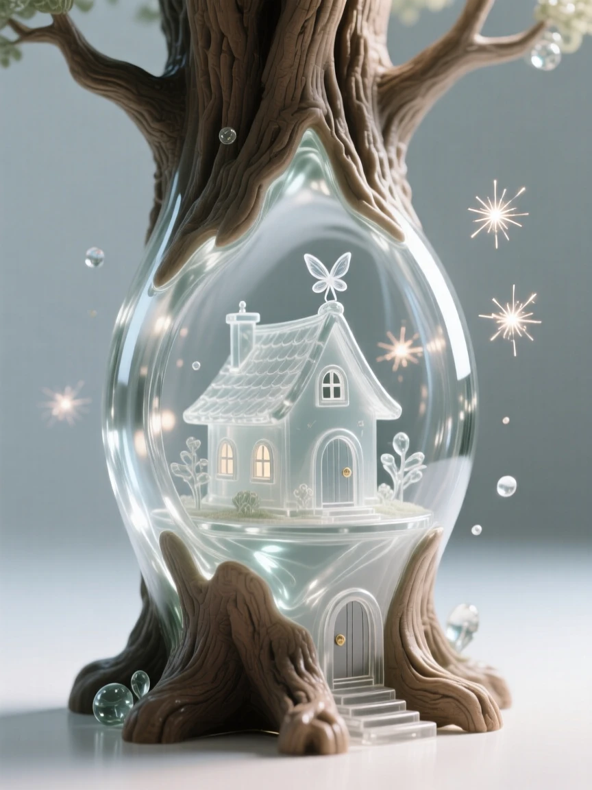 A tiny fairy village built into a tree trunk, bathed in soft magical light with drifting sparkles in the air, epic and awe-inspiring composition, evoking wonder and adventure.